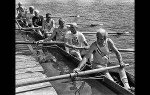 1982: Members of the 1932 Olympics Cal Berkerley crew, minus Charles Chandler and coxswain Norris Graham, both of whom had passed away, pose for an alumni picture. John Irwin, third from left, an alternate in 1932, takes Chandler's place. The team won the Gold medal. This photo was published in the July 31, 1984, Los Angeles Times.